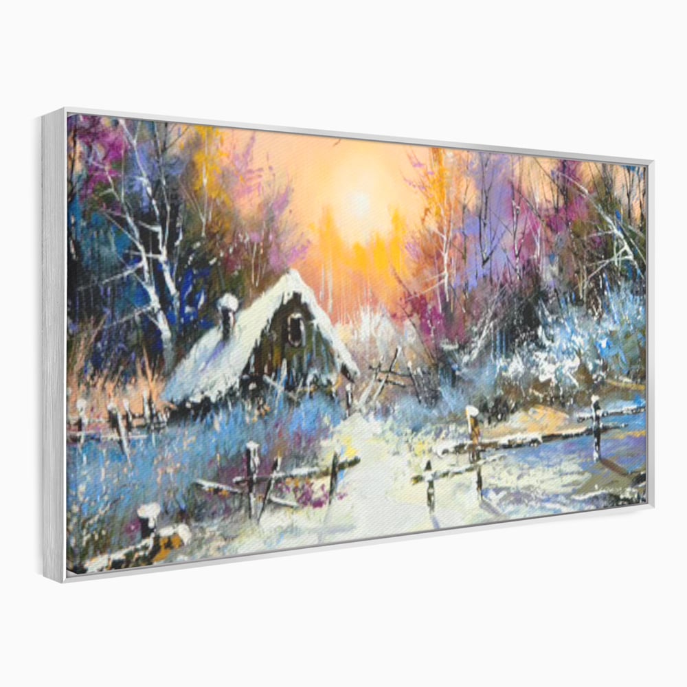 Tablou canvas cu tablou canvas cu peisaj de iarna, in rama de aluminiu argintiu